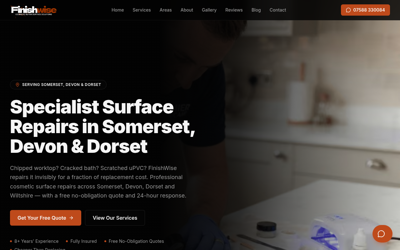 Screenshot of the FinishWise website homepage, showing their cosmetic surface repairs services for Somerset, Devon & Dorset