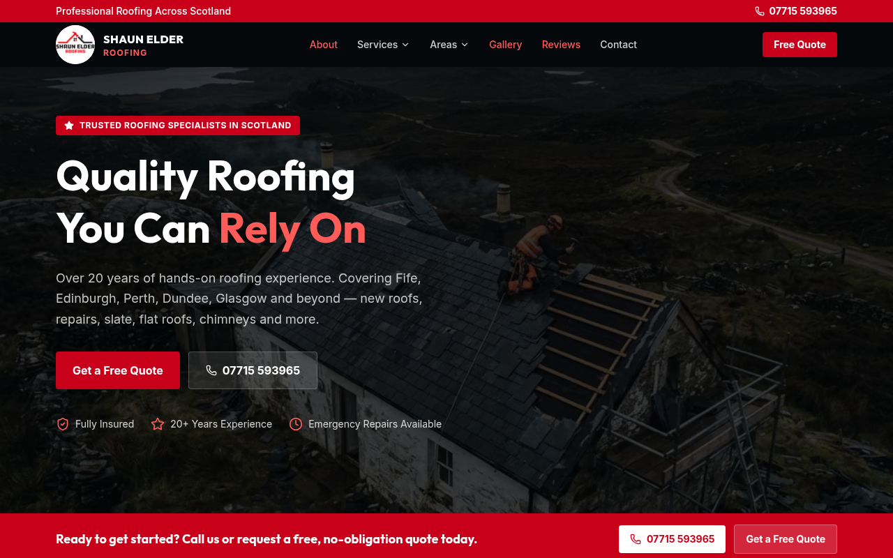 Screenshot of the Shaun Elder Roofing website homepage
